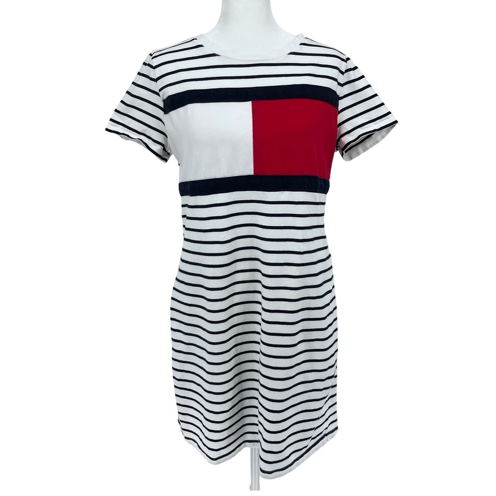 Tommy Hilfiger‎ Nautical Preppy Striped Shirt Dress Red White Blue Coastal LARGE